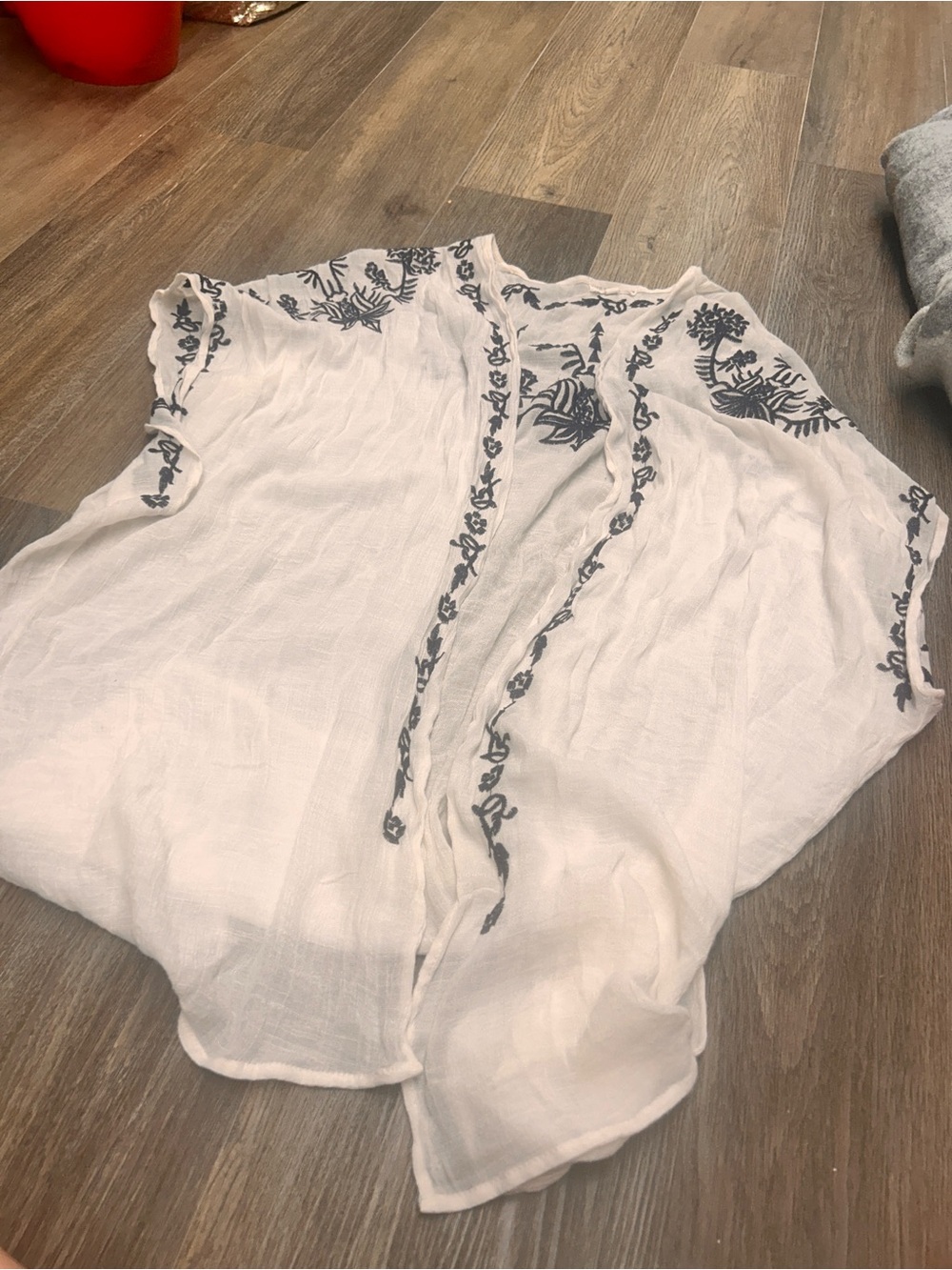 CO White Coverup with Navy Floral Embroidery